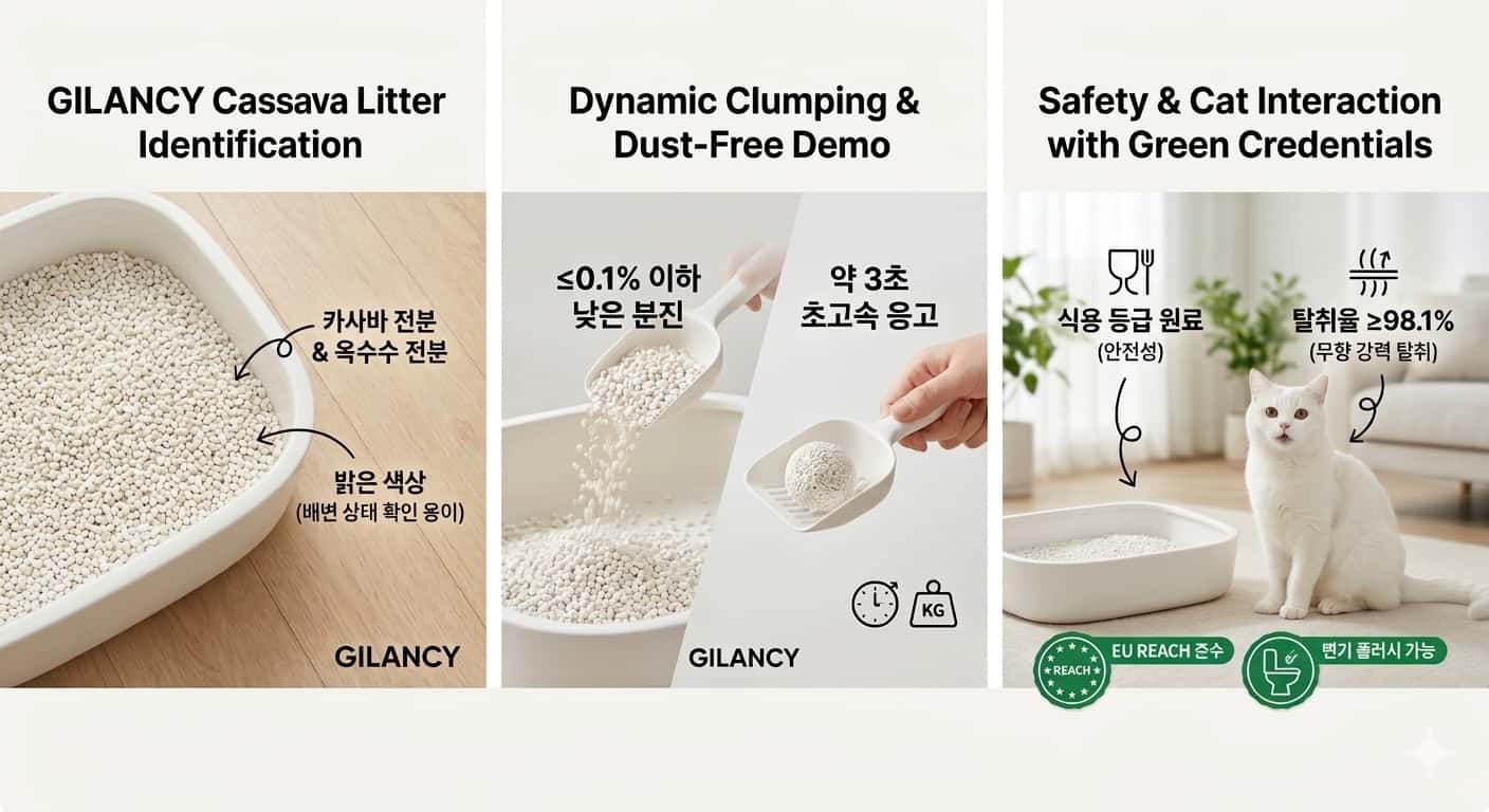 먼지 걱정 없이, 냄새 걱정 없이! 천연 원료로 안심하고 사용하는 GILANCY 카사바 모래