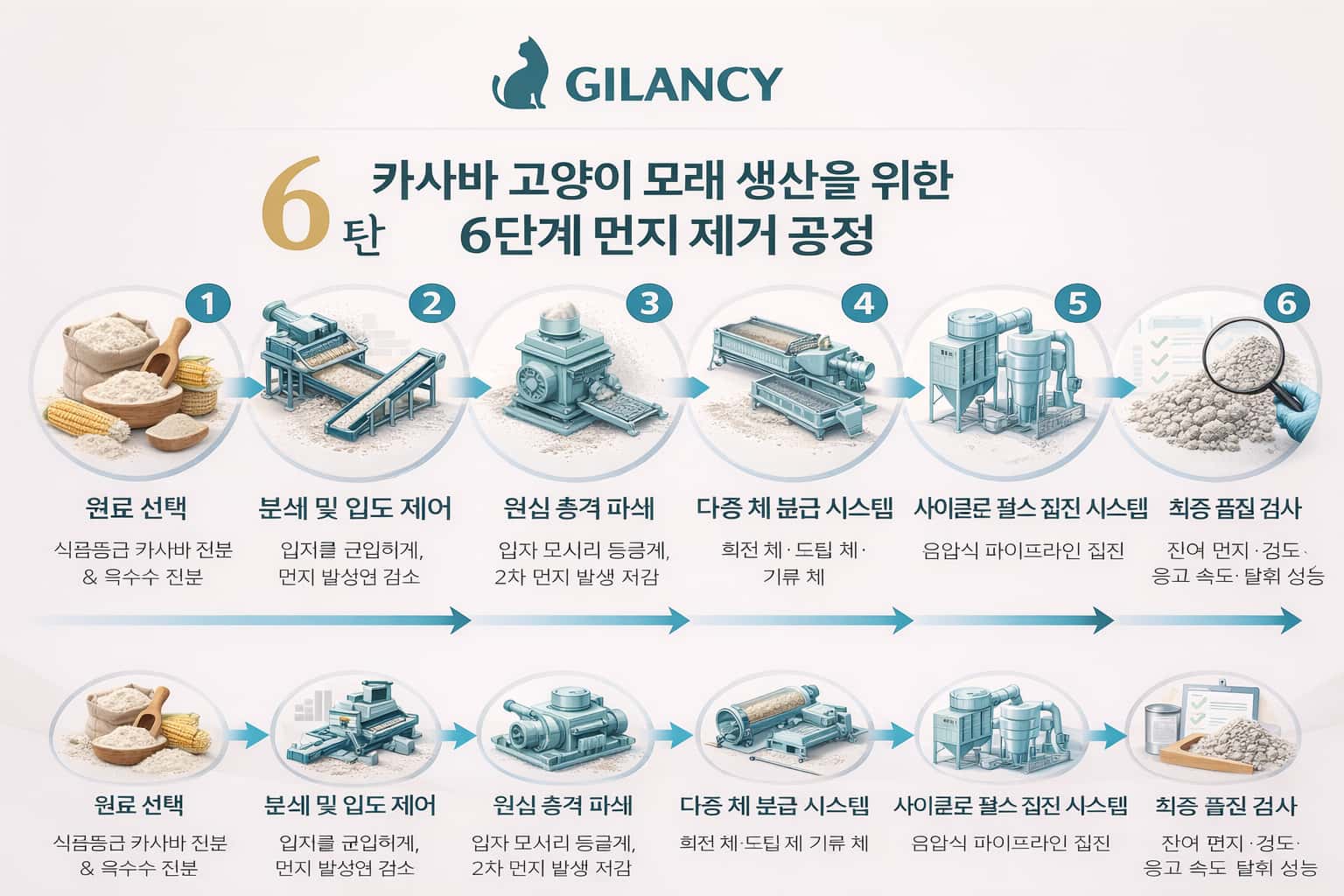 저먼지 카사바 고양이 모래 생산 공정–Gilancy 6단계 제진 기술