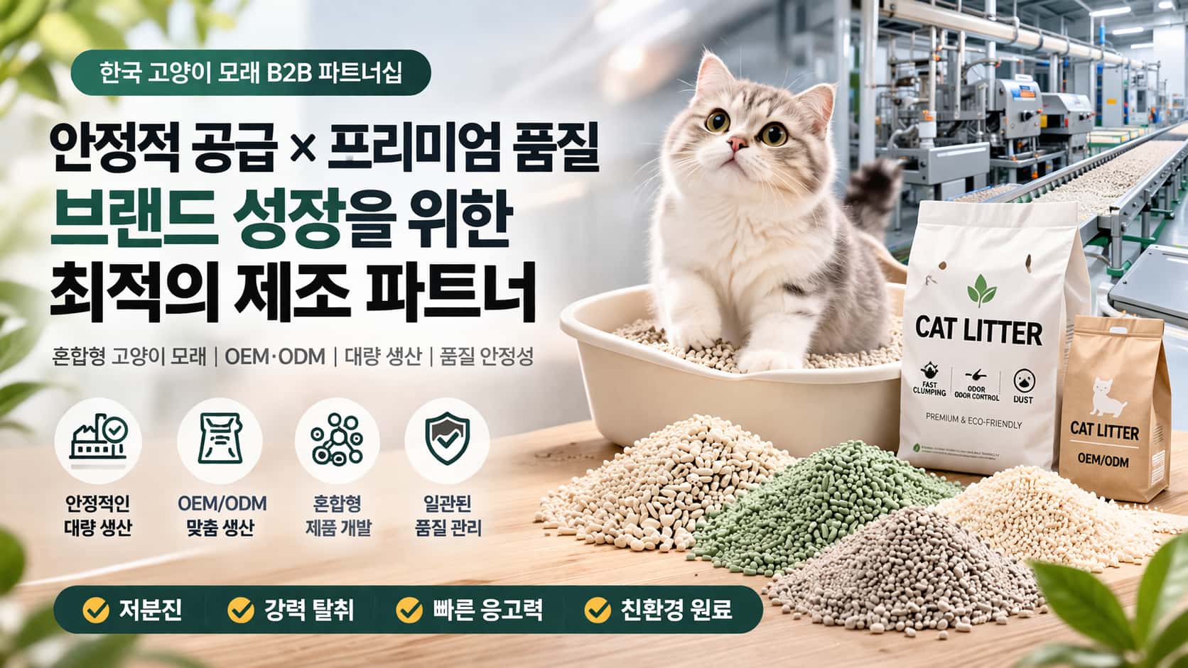 한국 고양이 모래 B2B 시장 완전 분석 – OEM 제조업체 선택부터 브랜드 경쟁력까지 