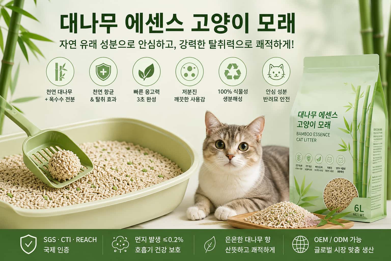 대나무 에센스 고양이 모래—​자연 유래 성분과 강력한 탈취력을 동시에 갖춘 프리미엄 선택