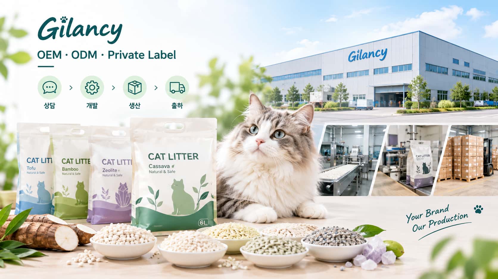한국 반려동물 브랜드를 위한 고양이 모래 OEM·ODM｜Gilancy 맞춤 생산 및 PB 브랜드 개발